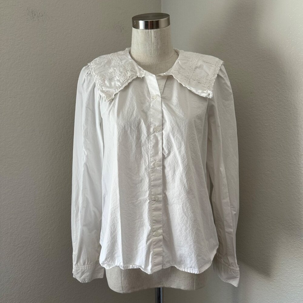 Zara Button Up Shirt Long Sleeve Peter Pan Neckline Intricate Lace Breathable Mi